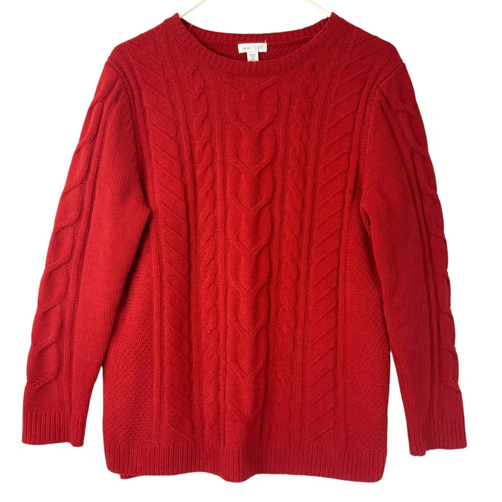 J. Jill Chenille Red Cable Knit Sweater M Petite Pullover Crew Neck Long Sleeve